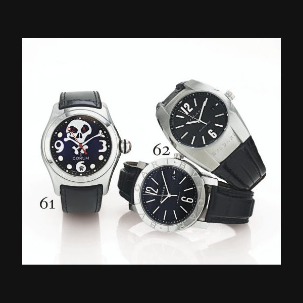 CORUM. A LIMITED EDITION STAINLESS STEEL TONNEAU AUTOMATIC WRISTWATCH WITH CENTER SECONDS AND DATE SIGNED CORUM, "BUBBLE JOLLY ROGER", THE COLLECTOR'S SERIES, NO. 029/500, CASE NO. 747433, REF. 82.140.20, CIRCA 2001