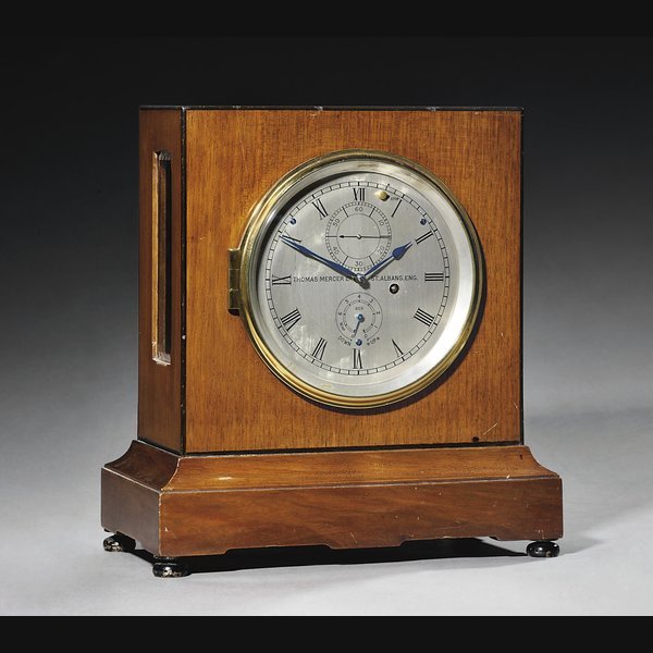  An English mahogany and ebony-strung eight day mantel chronometer THOMAS MERCER, ST. ALBANS, NO.809. CIRCA 1946