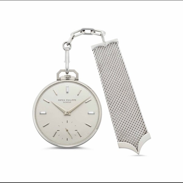Patek Philippe. A Very Fine and Rare Platinum and Diamond-Set Openface Keyless Lever Dress Watch with 18 White Gold Gay Frères Watch Fob and Presentation Box SIGNED PATEK PHILIPPE, GENÈVE, REF. 600, MOVEMENT NO. 892'955, CASE NO. 2'639'465, CIRCA 1965