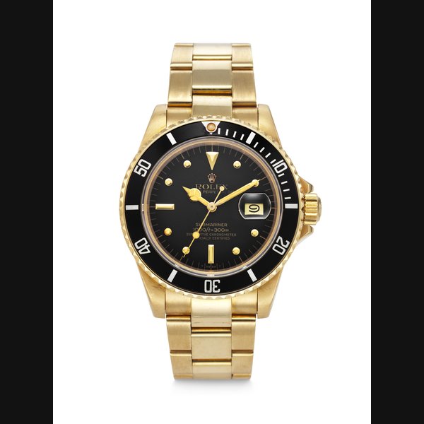 ROLEX. AN ATTRACTIVE 18K GOLD AUTOMATIC WRISTWATCH WITH SWEEP CENTRE SECONDS, DATE AND BRACELET SIGNED ROLEX, SUBMARINER MODEL, REF. 16808, CASE NO. 6'412'142, CIRCA 1979