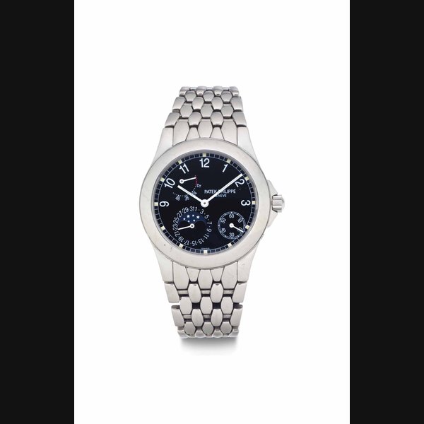 Patek Philippe. A Fine Stainless Steel Automatic Wristwatch with Date, Moon Phase, Power Reserve, and Bracelet SIGNED PATEK PHILIPPE, GENEVE, REF. 5085, MOVEMENT NO. 3'110'777, CASE NO. 4'053'129, MANUFACTURED IN 1999