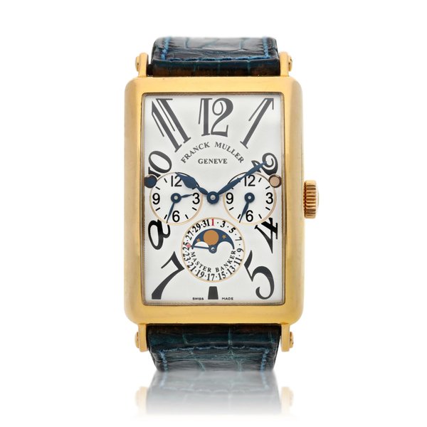 Franck Muller Reference 1250 MB L DT Long Island Master Banker  A yellow gold triple time zone rectangular wristwatch with date and moon phases, Circa 2010