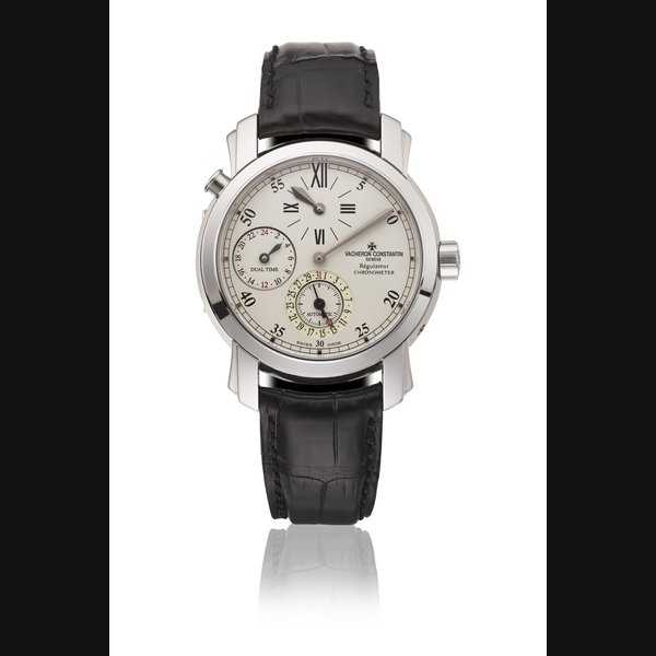 VACHERON CONSTANTIN. AN 18K WHITE GOLD AUTOMATIC DUAL TIME WRISTWATCH WITH DATE AND REGULATOR-STYLE DIAL SIGNED VACHERON CONSTANTIN, REGULATEUR CHRONOMETER, MALTE MODEL, REF. 42005, CIRCA 2000