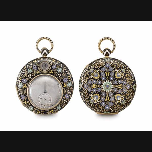 Swiss. A fine, rare and thin, 18K gold and champlevé enamel “digital” jump-hour cylinder watch Unsigned, case no. 4035, circa 1830.