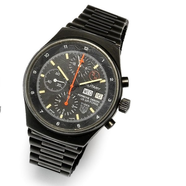 Orfina for Porsche Design. A black PVD coated automatic calendar chronograph bracelet watch Military, Ref:3218, Circa 1980
