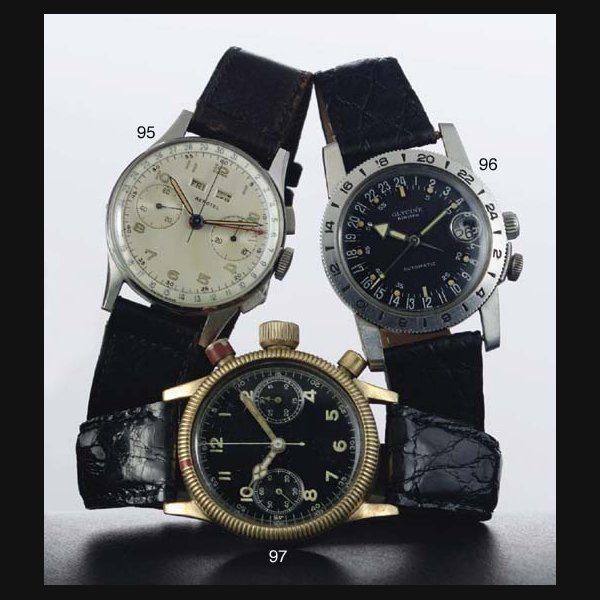 GERMAN. A GILT-METAL CHRONOGRAPH WRISTWATCH SIGNED UHRENFABRIK AG, GLASHÜTTE, NO. 211678, CIRCA 1940