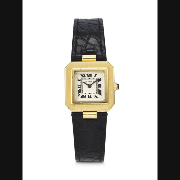 CARTIER. AN EXTREMELY RARE AND UNUSUAL 18K GOLD SQUARE-SHAPED WRISTWATCH SIGNED CARTIER, 'SANTOS CARRÉE À COINS COUPÉS' MODEL, MOVEMENT NO. 100'253, CASE NO. 33793, 010'518, MOVEMENT SIGNED EUROPEAN WATCH AND CLOCK CO. INC., CIRCA 1945
