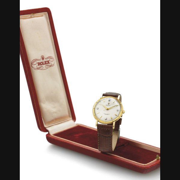 ROLEX. A FINE AND RARE 18K GOLD AND DIAMOND WRISTWATCH WITH CENTER SECONDS SIGNED ROLEX, "CHRONOMETER", MOVEMENT NOS. 82364 AND E80797, CASE NO. 48275 AND 256, REF. 4448, CIRCA 1950