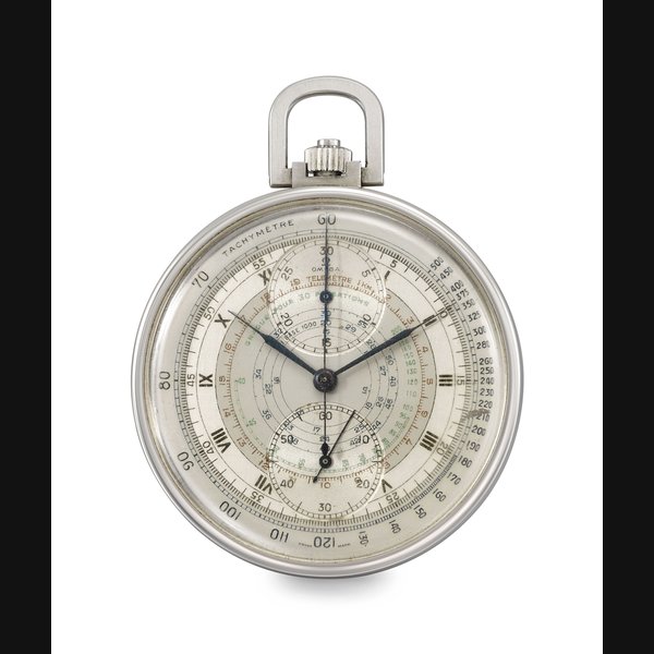 Omega. A fine and very rare stainless steel “Staybrite” openface keyless lever multiscale chronograph watch with two-tone silvered dial Signed Omega, chrono-tachy-tele-pulsometer model, ref. CK 1067, movement no. 9’115’327, case no. 9’584’617, manufactured in 1941