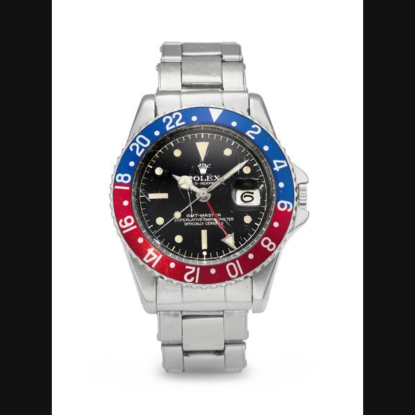 Rolex ROLEX. A VERY RARE AND ATTRACTIVE STAINLESS STEEL AUTOMATIC DUAL TIME WRISTWATCH WITH SWEEP CENTER SECONDS, DATE, GILT 'EXCLAMATION MARK' DIAL, POINTED CROWN GUARDS AND BRACELET SIGNED ROLEX, GMT-MASTER MODEL, REF. 1675, CASE NO. 695'595, CIRCA 1961 · 1675