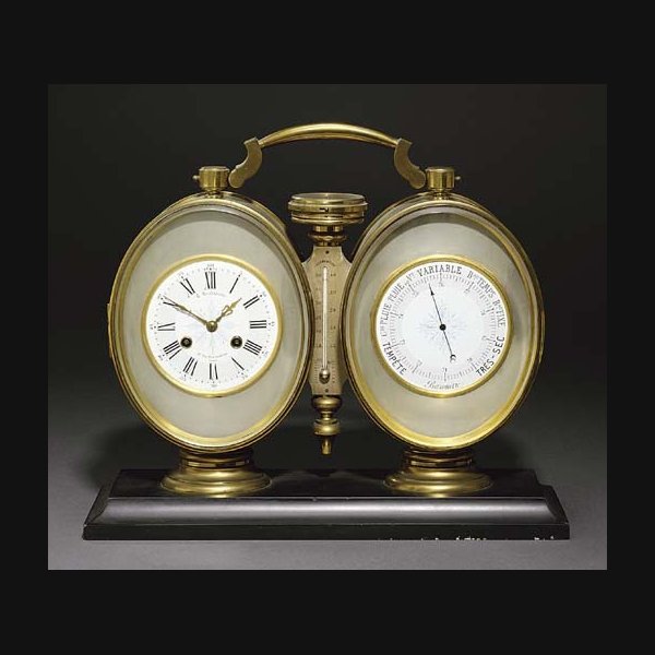 An unusual French giant gilt and silvered brass and marmo nero Belgio eight day striking compendium clock with barometer, thermometer and compass G. BERGKAMMER, PARIS. CIRCA 1890