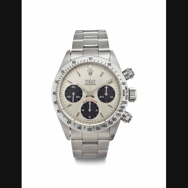 Rolex Rolex. A Fine and Rare Stainless Steel Chronograph Wristwatch with Original Guarantee, Bill of Sale and Tie Tag SIGNED ROLEX, OYSTER CHRONOGRAPH, DAYTONA, REF. 6265, CASE NO. 932'870, CIRCA 1986 · 6265