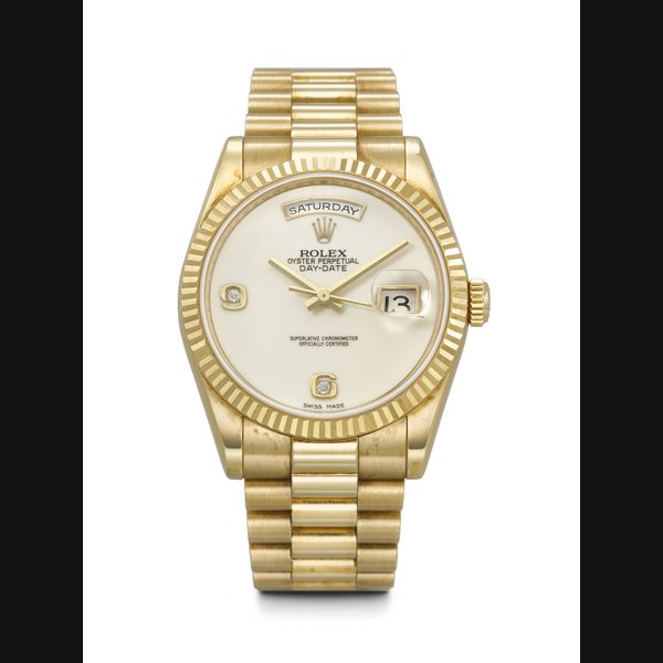ROLEX. AN ATTRACTIVE 18K GOLD AND DIAMOND-SET AUTOMATIC WRISTWATCH WITH SWEEP CENTRE SECONDS, DAY, DATE, WHITE AGATE DIAL AND BRACELET DAY-DATE MODEL, REF. 118238, CASE NO. Z467054, CIRCA 2006