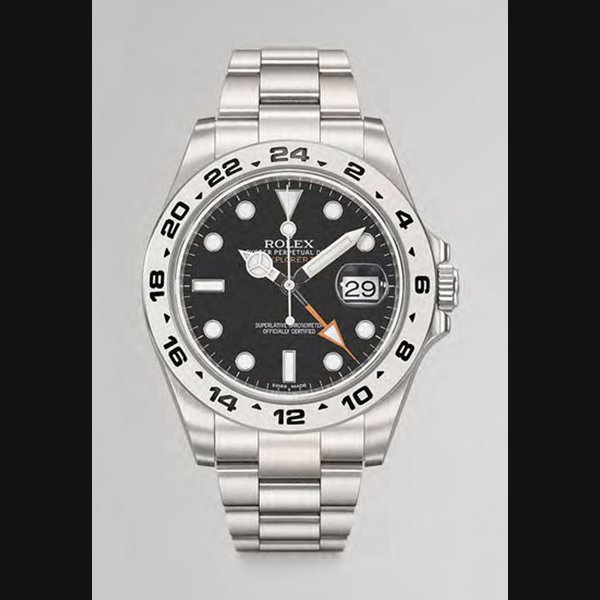 Rolex ROLEX. A VERY FINE STAINLESS STEEL AUTOMATIC DUAL TIME WRISTWATCH WITH SWEEP CENTRE SECONDS, DATE, 24 HOUR HAND, BRACELET, ORIGINAL GUARANTEE AND BOX SIGNED ROLEX OYSTER PERPETUAL DATE, EXPLORER II, REF. 216570, CASE NO. 30R616NO, CIRCA 2011 · 216570