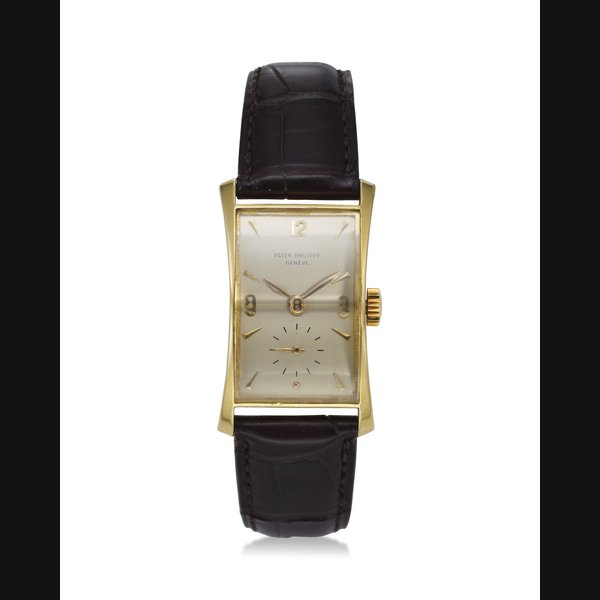 PATEK PHILIPPE, REF. 1593, “HOUR GLASS” AN 18K YELLOW GOLD RECTANGULAR SHAPED WRISTWATCH WITH SUBSIDIARY SECONDS