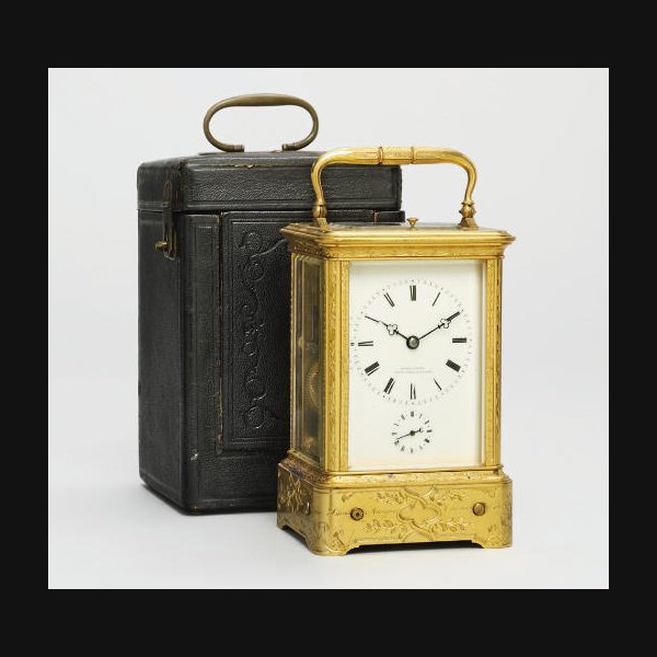 A French engraved gilt-brass striking and repeating eight day carriage clock with musical alarm LE ROY & FILS, NO.5323. CIRCA 1860