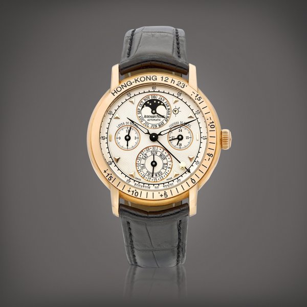Audemars Piguet Jules Audemars, Reference 25934 | A pink gold perpetual calendar wristwatch with equation of time, moon phases, sunrise, sunset and leap year indication, Circa 2004 | 愛彼  Jules Audemars 型號25934 | 粉紅金萬年曆腕錶，備時間等式、月相、日出、日落及閏年顯示，約2004年製 · 25934