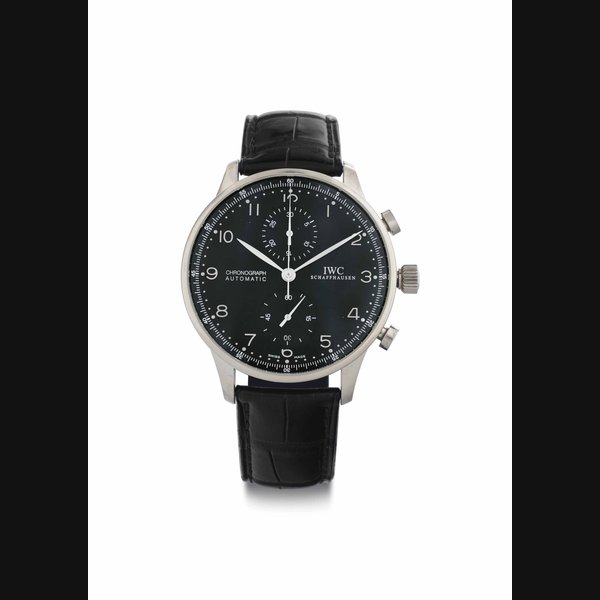 IWC. A Large 18k White Gold Automatic Chronograph Wristwatch SIGNED IWC, SCHAFFHAUSEN, PORTUGUESE MODEL, REF. 3714, CASE NO. 2913233, CIRCA 2003