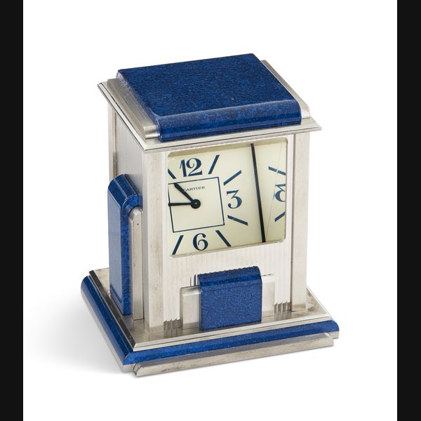 CARTIER, VERY RARE AND COVETED SILVER-PLATED, LEAD GLASS, AND "LAPIS LAZULI" 'MYSTERY' DESK CLOCK, REF. W0100018
