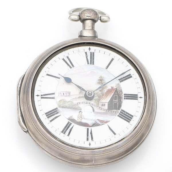 Thomas Hitchins, Painswick. A silver key wind pair case pocket watch with enamel painted dial Movement No.2029, London Hallmark for 1822