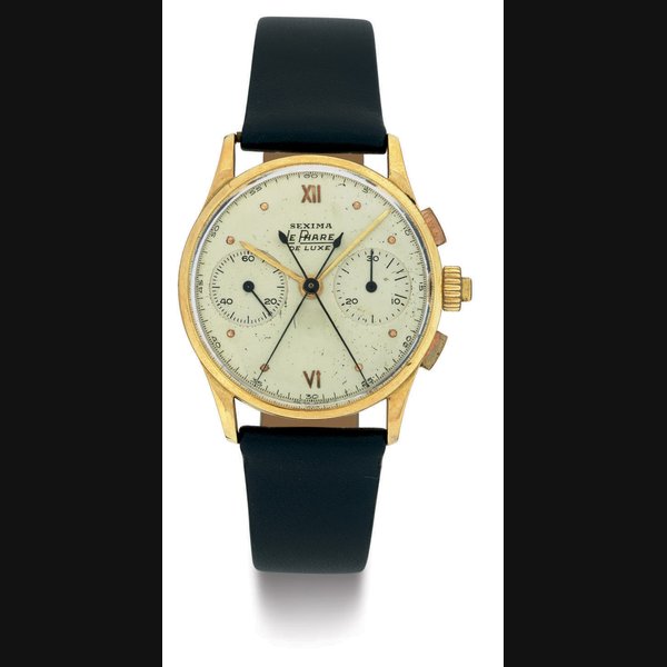 LEPHARE. AN 18K GOLD SPLIT-SECONDS CHRONOGRAPH WRISTWATCH SIGNED LE PHARE, SEXIMA, DE LUXE, CASE NOS. 3301 AND 30008, CIRCA 1950