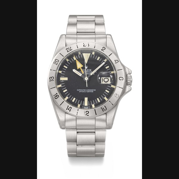 ROLEX. A RARE AND ATTRACTIVE STAINLESS STEEL AUTOMATIC WRISTWATCH WITH SWEEP CENTRE SECONDS, DATE, 24 HOUR HAND AND BRACELET SIGNED ROLEX, EXPLORER II, STEVE MCQUEEN MODEL, REF. 1655, CASE NO. 3'299'867, CIRCA 1973
