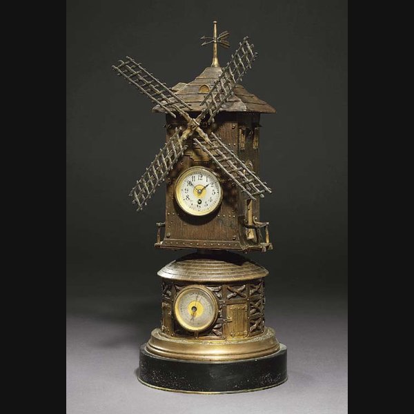 Windmill A French bronze and marmo nero Belgio eight day timepiece with barometer and automaton sails CIRCA 1890