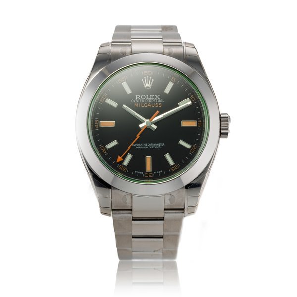 Rolex Reference 116400GV Milgauss | A stainless steel anti-magnetic wristwatch with green sapphire crystal and bracelet, Circa 2009 · 116400GV
