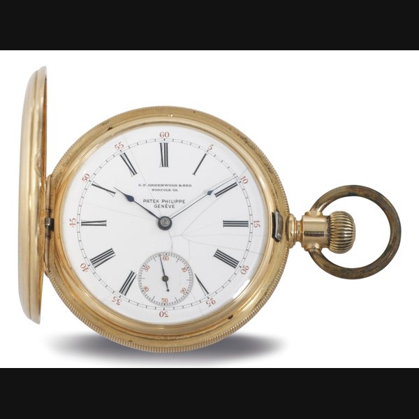 PATEK PHILIPPE. AN 18K GOLD HUNTER CASE KEYLESS LEVER POCKET WATCH SIGNED PATEK PHILIPPE, GENEVE, RETAILED BY C. F. GREENWOOD & BROTHERS, NORFOLK, VA, MOVEMENT NO. 76394, MANUFACTURED IN 1887