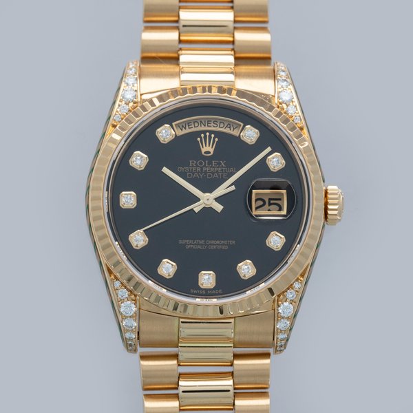 Rolex Day-Date 18338 Onyx Diamond Index Dial Diamond Lugs