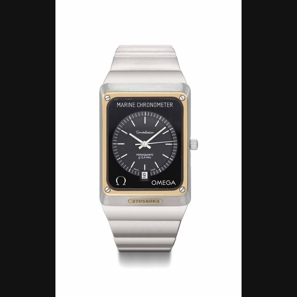 Omega. A large stainless steel and gold rectangular wristwatch with sweep centre seconds, date, black dial and bracelet Signed Omega, Constellation, Marine Chronometer, Megaquartz, f,4 MHz, ref. ST 398.0832, movement no. 37'059'063, case nos.1'980'082 and 3'980'832, manufactured in 1977