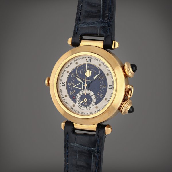 Cartier Pasha, Reference 30011 | A yellow gold calendar wristwatch with alarm and moon phases | Circa 1987