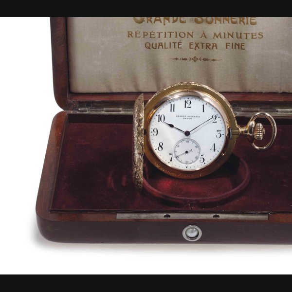 Invar. A Fine 18k Gold Minute Repeating Grande And Petite Sonnerie Hunter Case Keyless Lever Pocket Watch With Wooden Presentation Box SIGNED INVAR GRANDE SONNERIE, RETAILED BY LA JOYA, MEXICO, CASE NO. 131'857, CIRCA 1895