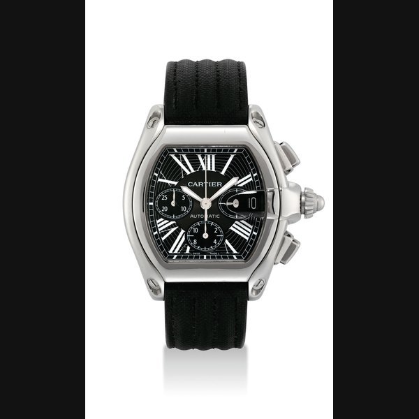 Cartier CARTIER. A FINE STAINLESS STEEL TONNUEA-SHAPED AUTOMATIC CHRONOGRAPH WRISTWATCH WITH DATE SIGNED CARTIER, AUTOMATIC, ROADSTER MODEL, REF. 2618, CASE NO. 693427CE, CIRCA 2005