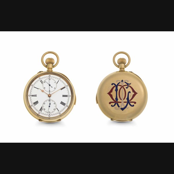 Anonymous. A Fine 18k Gold and Enamel Minute Repeating Openface Chronograph Keyless Detent Pocket Watch UNSIGNED, CASE NO. 67'305, CIRCA 1910
