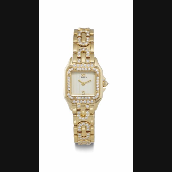 Cartier. A Lady's 18k Gold and Diamond-Set Square Wristwatch with Bracelet SIGNED CARTIER, PANTHERE MODEL, REF. 1280 2, CASE NO. MG220361, CIRCA 1995