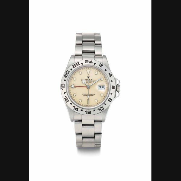 Rolex. A Stainless Steel Automatic Wristwatch with Center Seconds, Date, 24 Hour Hand, Bracelet, and Ivory-Colored Rail Dial SIGNED ROLEX, OYSTER PERPETUAL DATE, EXPLORER II, REF. 16550, CASE NO. R375159, CIRCA 1987