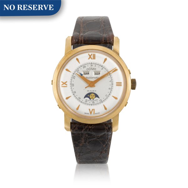 Dome Pink Gold Triple Calendar Wristwatch With Moon-Phases Circa 1950