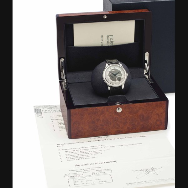 F. P. Journe. A Limited Edition Platinum Automatic Wristwatch with Date, Month, and Zodiac SIGNED F. P. JOURNE, INVENIT ET FECIT, NO. 049/150-Z, ZODIAQUE, CIRCA 2004