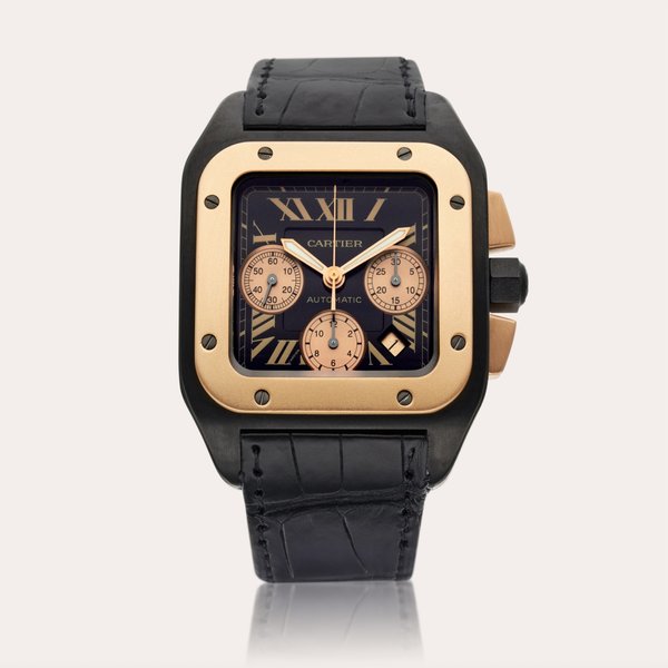 Cartier Reference 3104 Santos 100 XL | A DLC-coated titanium and pink gold square shaped automatic chronograph wristwatch with date, Circa 2010