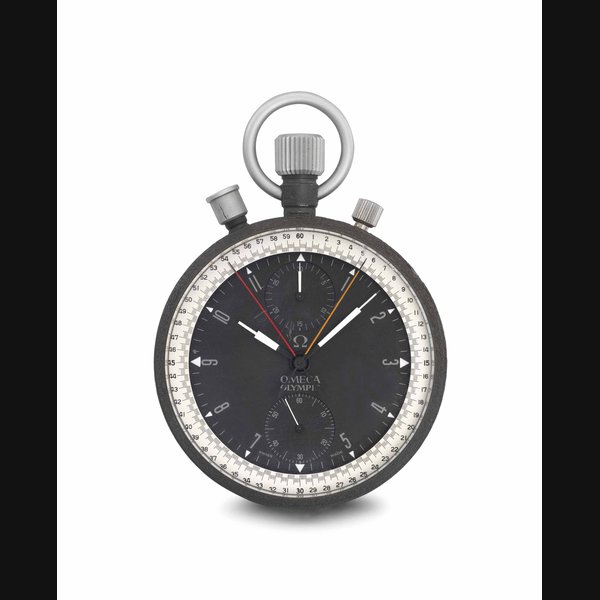 Omega. A stainless steel and non-slip enamel openface split seconds chronograph keyless lever watch SIGNED OMEGA, OLYMPIC, NUIT SPATIALE COLLECTION, REF. MG 6713, MOVEMENT NO. 2'033'190, CIRCA 1967
