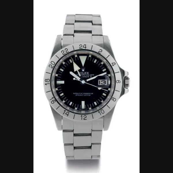 ROLEX. A STAINLESS STEEL AUTOMATIC WRISTWATCH WITH CENTER SECONDS, 24 HOURS, DATE AND BRACELET SIGNED ROLEX, OYSTER PERPETUAL DATE, EXPLORER II, STEVE MCQUEEN MODEL, CASE NO. 7352013, REF. 1655, CIRCA 1982
