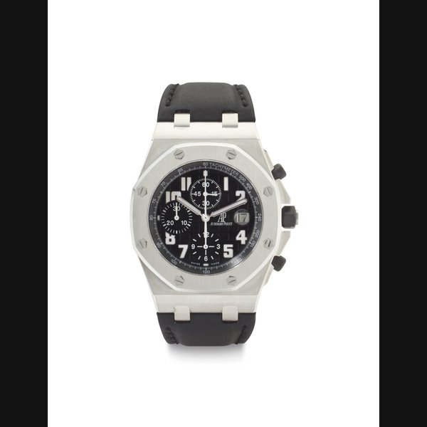 Audemars Piguet. An Oversized Stainless Steel Chronograph Wristwatch with Date SIGNED AUDEMARS PIGUET, ROYAL OAK OFFSHORE, MOVEMENT NO. 606'940, CASE NO. F54195-7110, CIRCA 2006