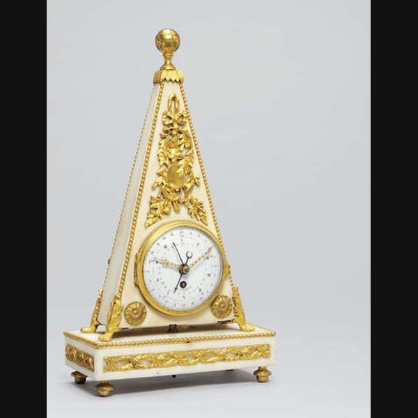 An unusual Directoire small white marble and ormolu obelisk mantel timepiece, with revolutionary and standard time indications LA COEUR L'AINÉ, PARIS. CIRCA 1795