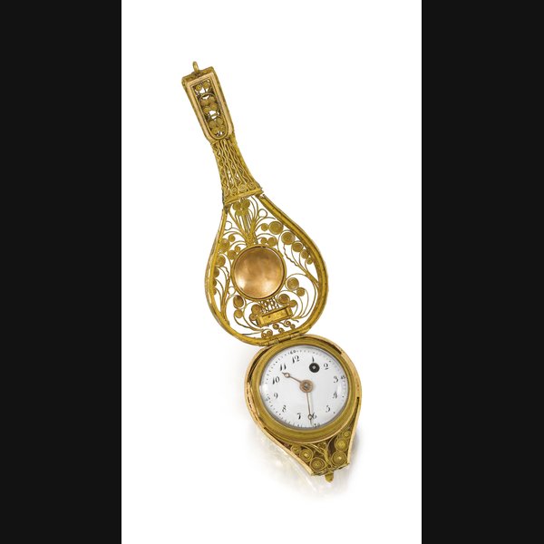 Swiss. A small and very attractive filigree 18K gold, enamel and pearl-set mandolin form watch with concealed dial and original fitted box Unsigned, no. 26'741, circa 1810