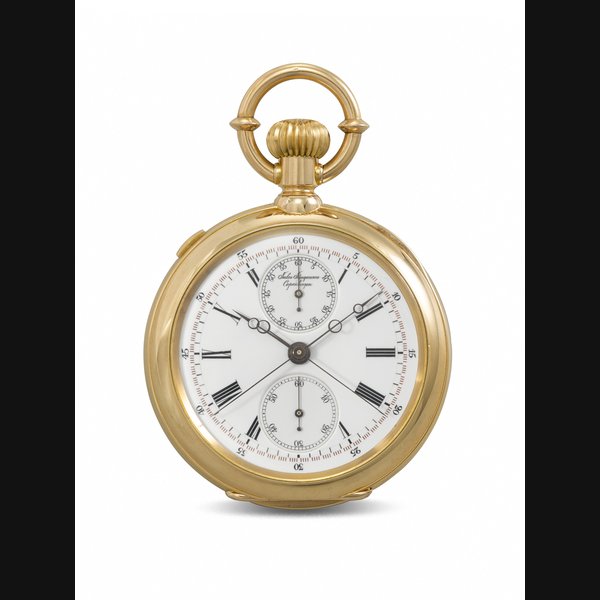 JULES JÜRGENSEN. A RARE 18K GOLD OPENFACE SPLIT SECONDS CHRONOGRAPH KEYLESS LEVER WATCH WITH JÜRGENSEN’S PATENTED BOW SETTING NO. 15'633, CIRCA 1903