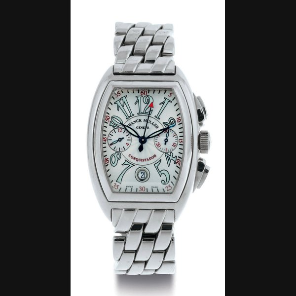 FRANCK MULLER. A FINE 18K WHITE GOLD AUTOMATIC CHRONOGRAPH WRISTWATCH WITH DATE AND BRACELET SIGNED FRANCK MULLER, GENEVE, CONQUISTADOR, NO. 44, REF. 8001CC, CIRCA 2000