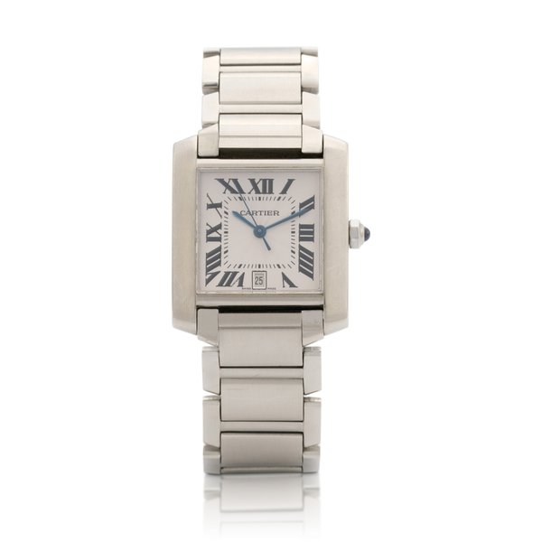 Cartier Tank Française, Ref. 2302  Stainless steel wristwatch with date and bracelet  Circa 1997
