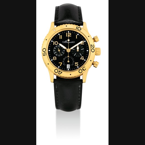 BREGUET. AN 18K GOLD AUTOMATIC FLY-BACK CHRONOGRAPH WRISTWATCH WITH DATE SIGNED BREGUET, TYPE XX TRANSATLANTIQUE MODEL, REF. 3820, CASE NO. 42'249, CIRCA 2000