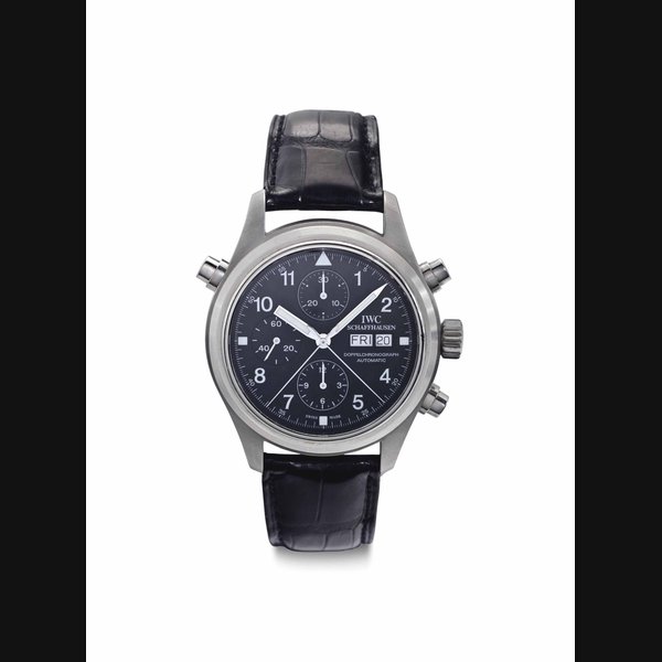 IWC. A Stainless Steel Automatic Split-Seconds Chronograph Pilot's Wristwatch With Day and Date SIGNED IWC, SCHAFFHAUSEN, DER DOPPELCHRONOGRAPH, REF. 3713, NO. 2'884'848, CIRCA 1995